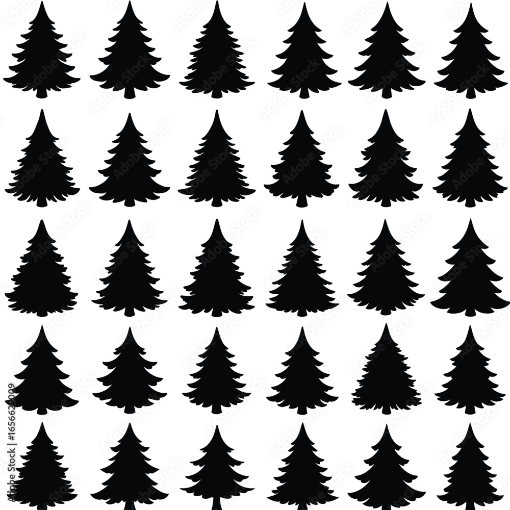 Obraz premium Grid of black silhouette Christmas trees on a white background