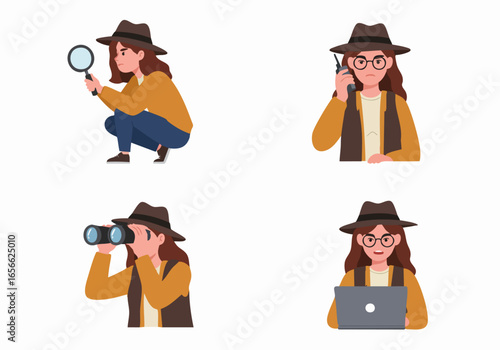Female detective and private investigator performing various tasks: investigating with a magnifying glass, communicating on walkie-talkie, observing with binoculars, and analyzing on a laptop.