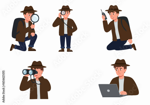 Cartoon vector set of a male detective or explorer character engaged in investigation and observation using various tools.