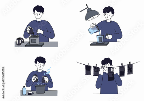 A detailed illustration of a man engaged in the traditional process of film development, showcasing the steps from chemical preparation to drying photographic negatives in a home darkroom.