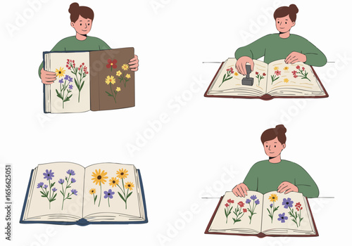 Illustration Set: Person Engaged in Flower Pressing and Botanical Collection
