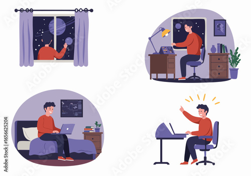 Man interacting with virtual space, working remotely, and achieving success with technology from home in various scenarios.