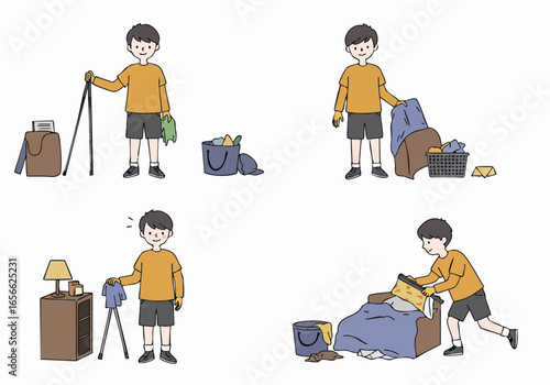 Illustrations of a young person tidying and doing laundry, demonstrating various household cleaning tasks and organization routines.