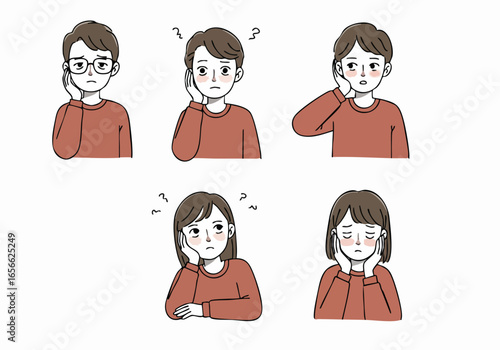 Illustrations of young men and women depicting various expressions of worry, sadness, and discomfort, showing stress and mental health concerns.