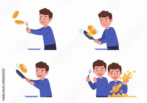 Humorous sequence of a man struggling to flip pancakes, leading to a cooking disaster and sticky mess.