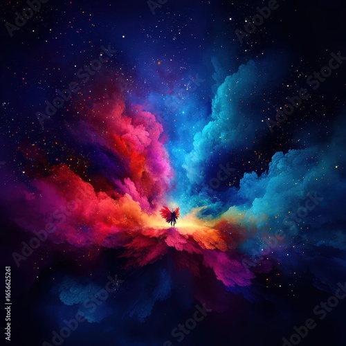 Vibrant Cosmic Scene with Colorful Clouds and Silhouette Figure