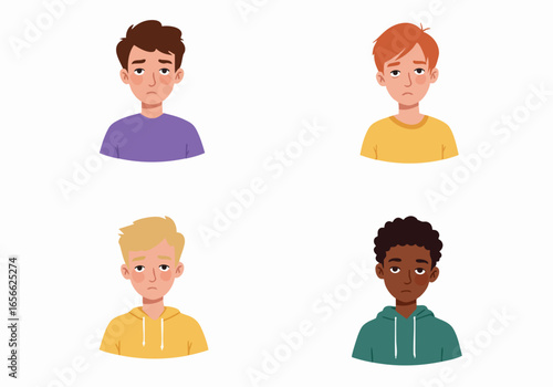 Group of diverse young boys with sad and tired expressions, depicting feelings of boredom, disappointment, or malaise.
