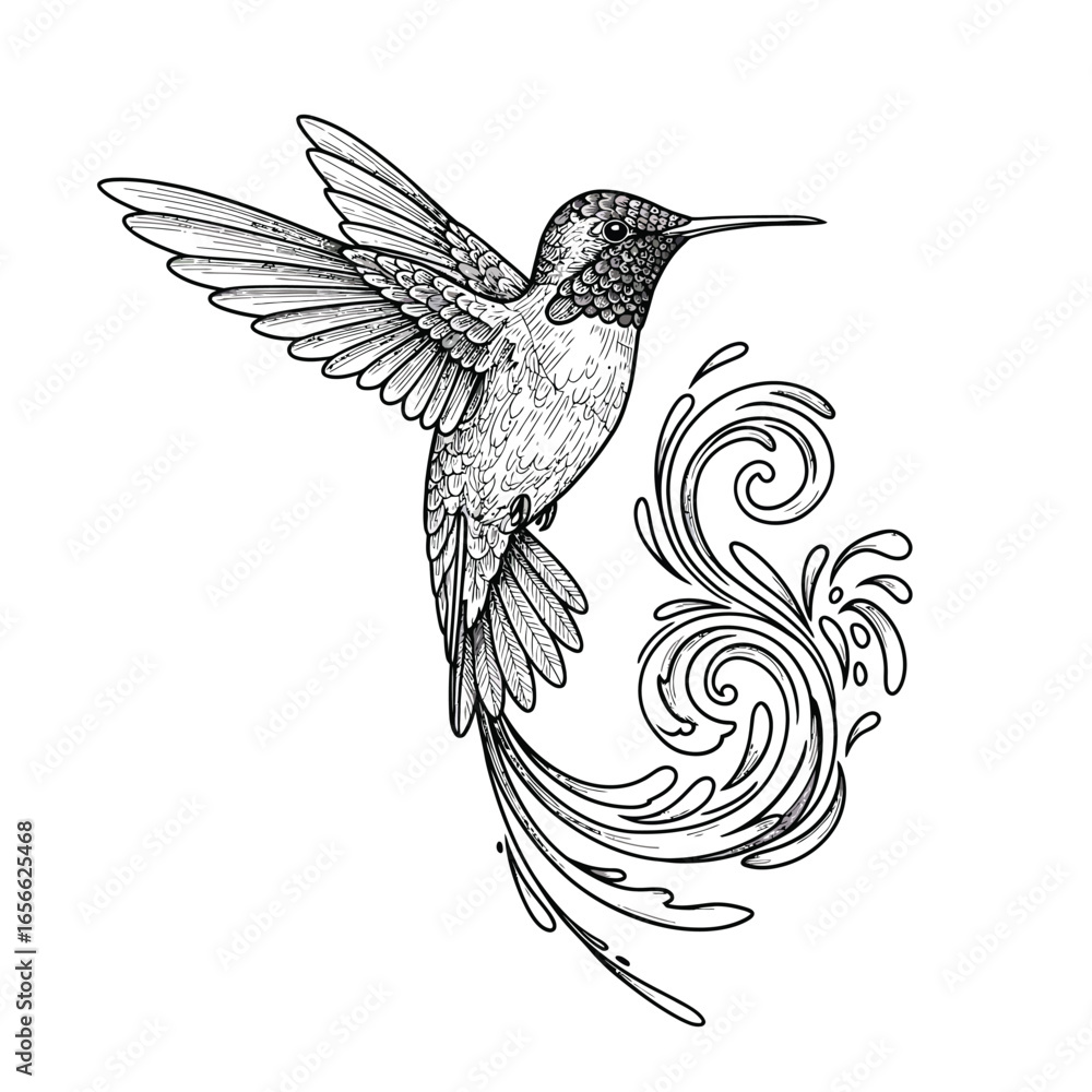 Obraz premium Hummingbird with Swirling Water Droplets Line Art Illustration