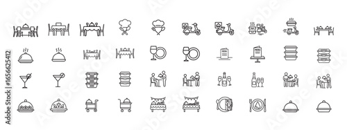 set of Catering service, food, delivery of ready meals, guest service, menu for event, banquet related line icon for watering tray, chef hat with cutlery , food delivery, hot meal box, waiter holding