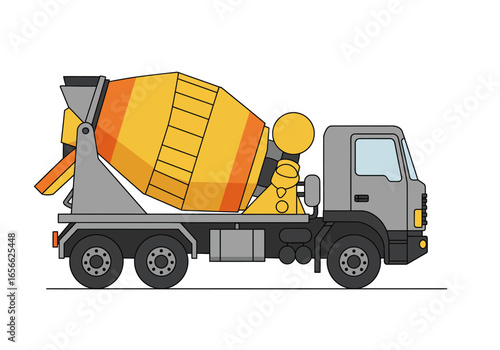 A cartoon cement truck painted in shades of gray yellow and orange stands stationary on a solid white background