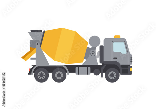 A concrete mixer truck with a yellow drum is depicted against a white background