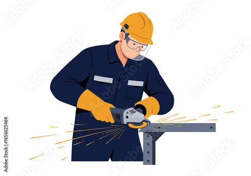 A construction worker in safety gear grinds metal with a tool sparks flying