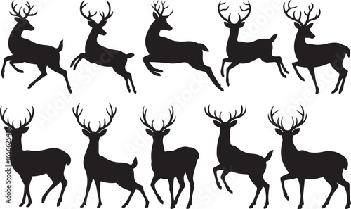 Silhouette Deer Set Antlered Buck Stag Reindeer Wildlife Animal Vector Art