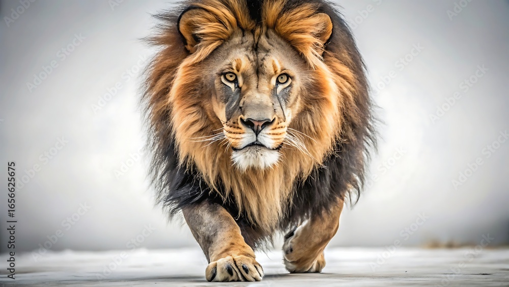 Obraz premium Closeup portrait of a fierce male lion with a full mane, intensely focused and walking forward in a wintery, icy landscape