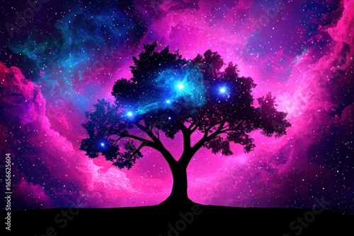Cosmic Tree Silhouette Against Vibrant Galaxies and Nebulae