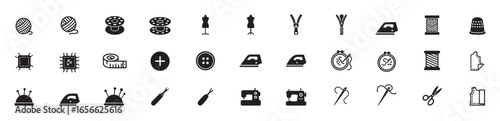 sewing related fill icon Sewing machine, Needle, Spool ,Scissors, Thimble, Button, Measuring tape, Fabric roll, Safety pin, Pin cushion, Embroidery hoop,Iron  line, Yarn ball, Bobbin 