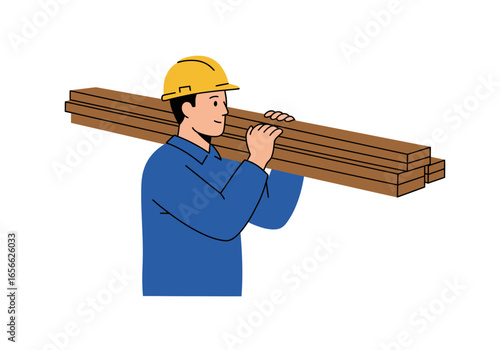 Man in a hardhat carries lumber on his shoulder