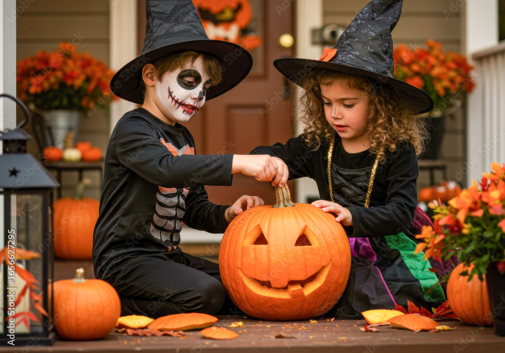 Fototapeta premium Two joyful children in Halloween costumes, a boy with skull makeup and a girl in a witch outfit, engaging with a carved pumpkin on a festive autumn porch.