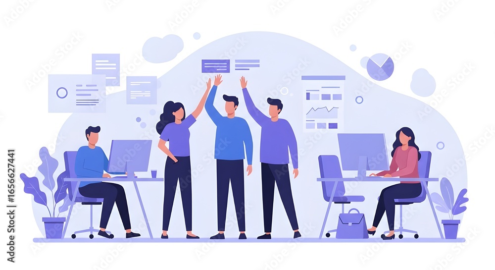 Diverse Coworkers Celebrating Successful Project With High-Fives In Bright Modern Office, Representing Teamwork, Collaboration, Business Success, Motivation, And Corporate Achievement Diverse Coworkers Celebrating Successful Project With High-Fives In Bright Modern Office, Representing Teamwork, Collaboration, Business Success, Motivation, And Corporate Achievement