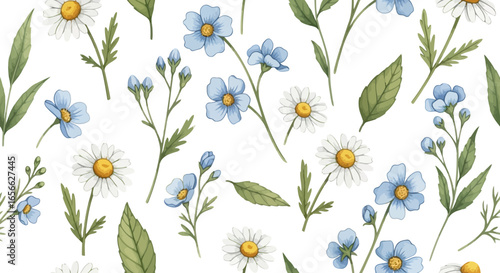 Delicate watercolor floral pattern featuring blue forget-me-nots and white daisies on a white background.