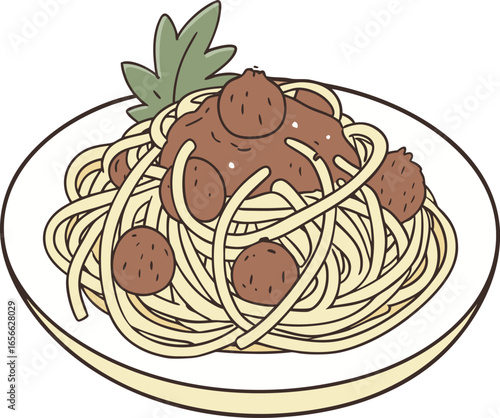 Illustration of a plate of spaghetti and meatballs isolated on white background