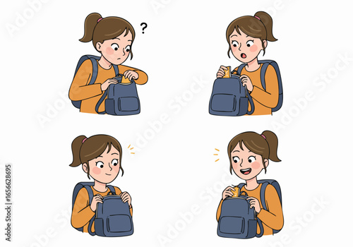 A young girl's journey from confusion to delight as she searches and successfully finds an item in her school backpack, showcasing a moment of achievement and happiness.