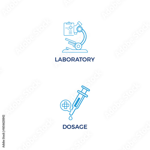 Laboratory and Dosage Medical Icons Set, Healthcare and Research Symbols on Blue Background, Microscope and Syringe Vector Icons