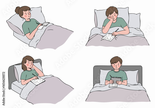 Illustrated Collection of Individuals Journaling in Bed, Reflecting on Thoughts and Emotions, Depicting Self-Care and Mental Well-being