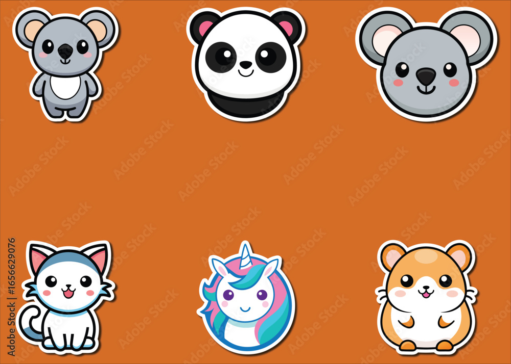 Obraz premium cute kawaii cartoon animal sticker pack on orange background