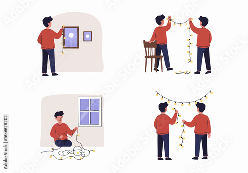 Festive home decorating with string lights, teamwork, and problem-solving illustrated in various scenes.