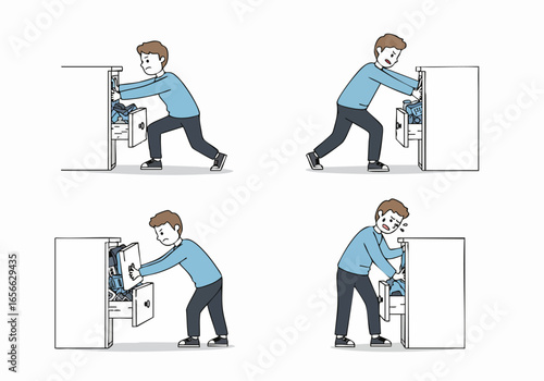 Man struggling to close an overstuffed desk drawer, depicting workplace disorganization and the frustration of managing excessive paperwork.