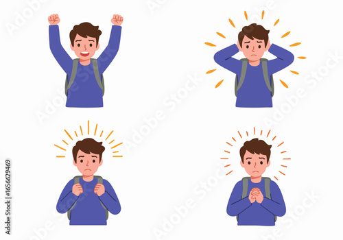 Student's diverse feelings: from triumph to distress, dejection to concern, depicted in a set of four illustrations.