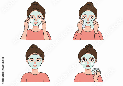 Woman's Skincare Routine: Applying Mask, Cleansing, and the Unexpected Empty Jar Illustration