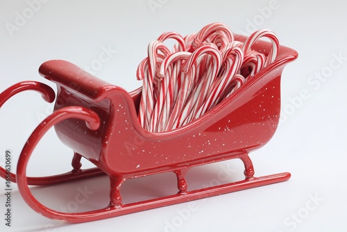 A bright red sleigh sits on a plain surface, filled with numerous candy canes featuring classic red and white stripes. This festive decoration evokes the spirit of holiday cheer.