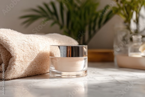 Cream jar on marble surface, spa still life