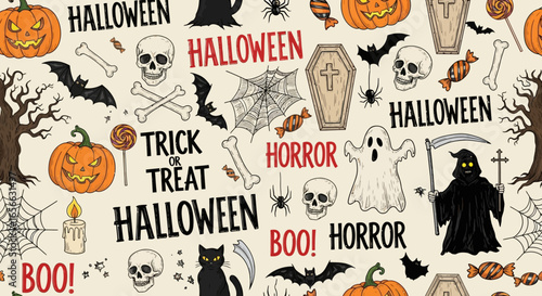 Halloween themed pattern with various spooky illustrations, including pumpkins, ghosts, bats, and skulls.