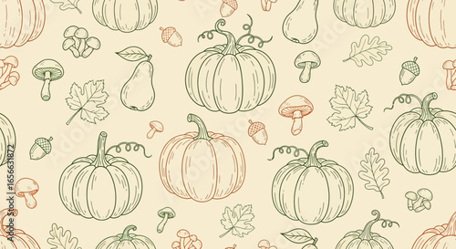 A charming autumnal pattern featuring pumpkins, pears, acorns, mushrooms, and leaves.