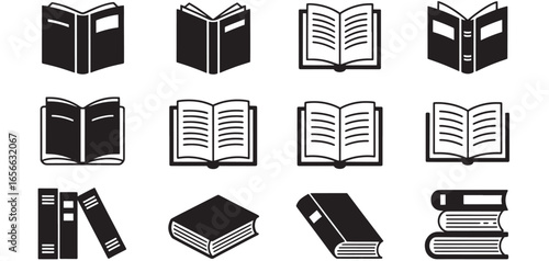 Collection of black and white book icons in various open and closed positions books open book