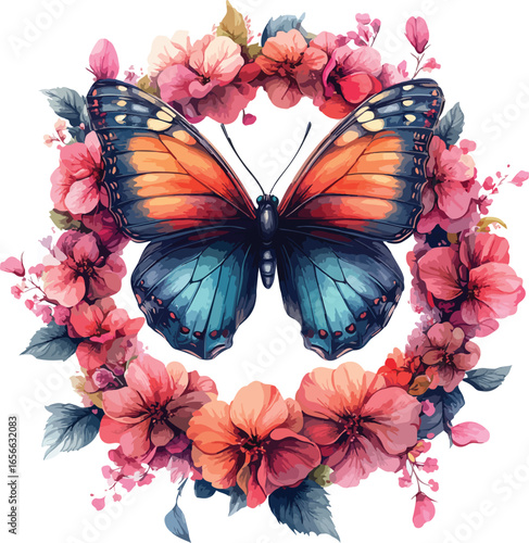 A stunning monarch butterfly with beautiful orange and black wings flies among spring flowers, a vibrant insect of nature