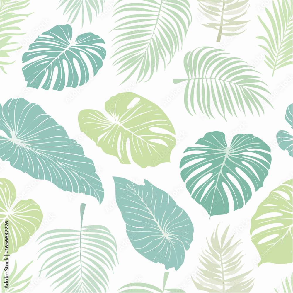 Fototapeta premium Seamless tropical palm leaf pattern in pastel green on white, perfect for summer fabrics, wallpapers, wrapping paper, stationery, and fresh minimal vector projects.