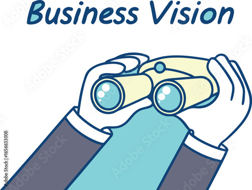 Illustration of hands holding binoculars with the words business vision on a blue background