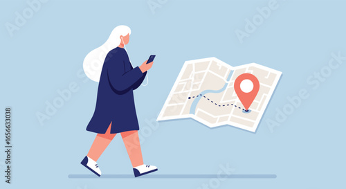 A woman is walking while using her phone to navigate with a map and location pin, showcasing modern travel and technology