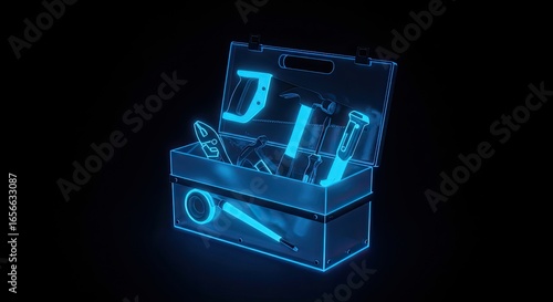 A glowing blue wireframe representation of an open toolbox filled with various tools, set against a dark background.