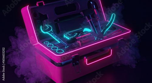 Open toolbox with glowing neon pink and blue outlines, revealing various tools amidst a smoky, dark, and futuristic setting.