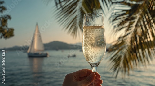 Fototapeta Naklejka Na Ścianę i Meble -  A Toast to Tranquility: Sparkling champagne, captured in a picturesque beach setting, a boat sails in the distance, palm leaves framing the scene with a touch of natural elegance.