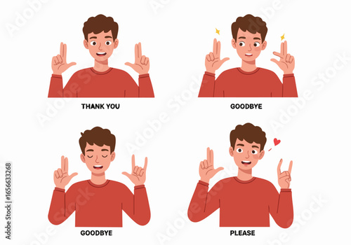 Illustrations of a young man using various hand gestures for common phrases like 'Thank You', 'Goodbye', and 'Please', demonstrating simple communication.