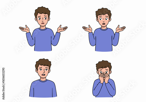 Cartoon man expressions: confusion, surprise, and crying, illustrating a range of human emotions and reactions.