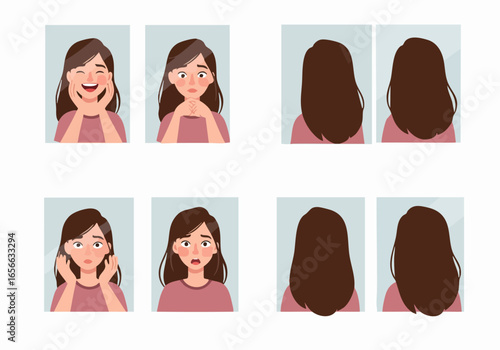 Various Emotional Expressions of a Young Woman Character with Front and Back Views