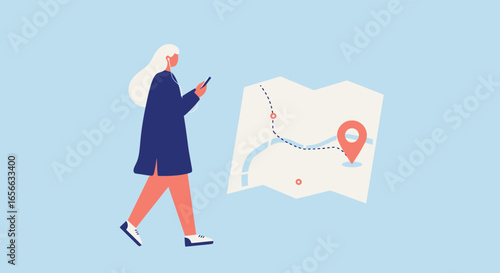 A woman is walking while using her phone to navigate with a map and location pin, showcasing modern travel and technology