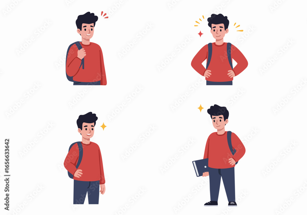 Young Male Student Character in Various Happy and Confident Poses with Backpack and Laptop, Flat Vector Illustration. Young Male Student Character in Various Happy and Confident Poses with Backpack and Laptop, Flat Vector Illustration.